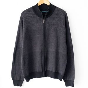 Mens Perry Ellis Gray Black Full Zip Cotton Acrylic Cardigan Sweater Size XL